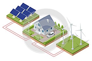 Isometric Green energy industry. Smart city with wind turbines, solar panels, tank containers and battery. Sustainable