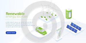 Isometric green energy landing page. Distribution alternative renewables electricity sun battery panel and windmill