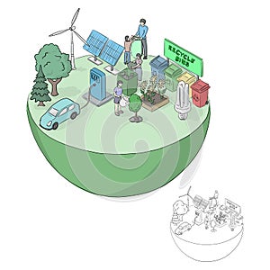 Isometric green friendly ecology concept on half circle vector illustration sketch doodle hand drawn with black lines isolated on