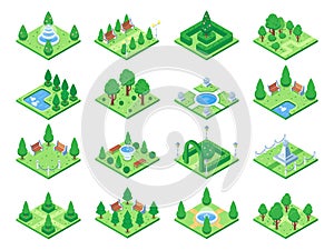 Isometric green park or garden trees. Fountain and bushes, benches and pond. 3d isometric city map vector elements