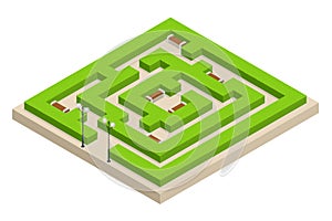 Isometric Green plant maze. City, park and outdoor plants. Rectangular park is a labyrinth made of bushes with benches