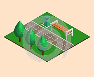 Isometric green summer city park concept, trees, bushes, benches, beds, flower beds, garbage. Landscaping composition.