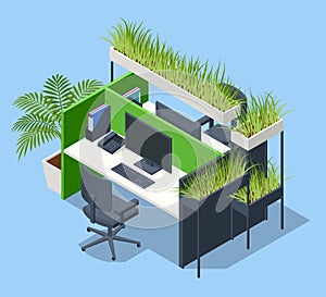 Isometric Green Wall in Office. Contemporary eco office room with computers and green grass