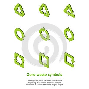 Isometric green zero waste symbols set on the white background. Reuse, renew, compost food waste, concept. Recycle