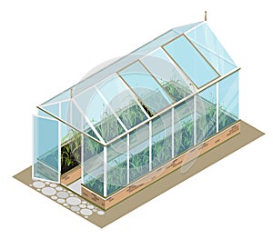 Isometric greenhouse with glass walls, foundations, gable roof, garden bed.