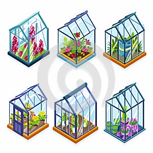 Isometric greenhouses collection house plants. Glass greenhouses colorful flowers, hobby photo