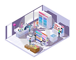 Isometric grocery store interior. Supermarket interior with shopping people and food on shelves and fridge. 3d vector