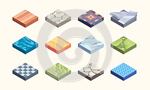 Isometric ground platforms. Rock and earth surfaces grass layers textures for games garish vector illustrations set