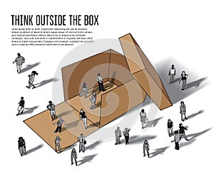 Isometric group business people think outside box grayscale