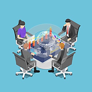 Isometric group of businesspeople meeting and analyzing chart and graph