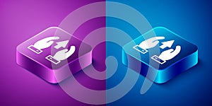 Isometric Growth chart and progress in people crowd icon isolated on blue and purple background. Arrow finance up
