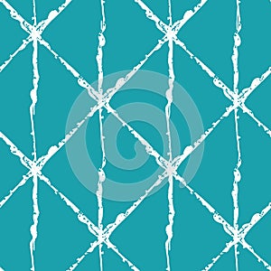 Isometric grunge brush line grid vector seamless pattern background. Minimal blue white repeat backdrop. Linear