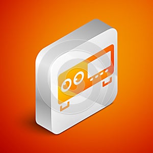 Isometric Guitar amplifier icon isolated on orange background. Musical instrument. Silver square button. Vector