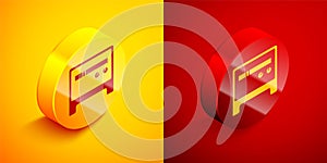 Isometric Guitar amplifier icon isolated on orange and red background. Musical instrument. Circle button. Vector