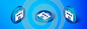 Isometric Gym building icon isolated on blue background. Sport club. Blue circle button. Vector