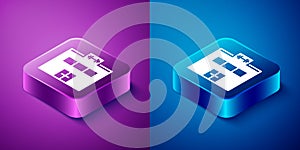 Isometric Gym building icon isolated on blue and purple background. Sport club. Square button. Vector