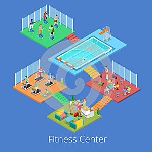 Isometric Gym Fitness Club Sport Center Interior with Cardio Room, Gym and Water Pool