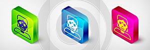 Isometric Hacker or coder icon isolated on grey background. Programmer developer working on code, coding, testing