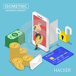 Isometric hacker steal money and data from smartphone