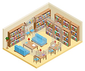 Isometric hall of library, book shelves