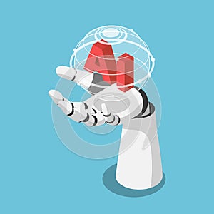 Isometric Hand of Artificial Intelligence Robot Holding Futuristic Globe with Connection Network