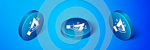 Isometric Hand holding a fire icon isolated on blue background. Blue circle button. Vector