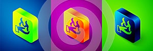 Isometric Hand holding a fire icon isolated on blue, purple and green background. Square button. Vector