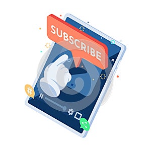 Isometric Hand Icon with Subscribe Button on Video Streaming App