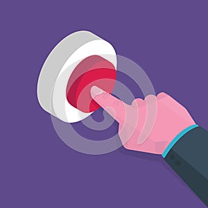 Isometric hand presses red button, start up concept. Vector illustration