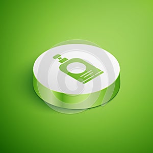 Isometric Hand sanitizer bottle icon isolated on green background. Disinfection concept. Washing gel. Alcohol bottle for
