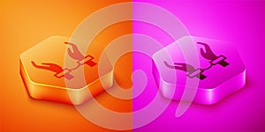 Isometric Handcuffs on hands of criminal man icon isolated on orange and pink background. Arrested man in handcuffs. A