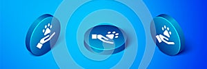 Isometric Hands with animals footprint icon isolated on blue background. Pet paw in heart. Love to the animals. Blue