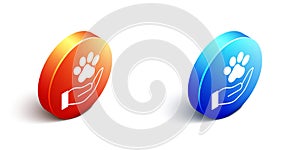 Isometric Hands with animals footprint icon isolated on white background. Pet paw in heart. Love to the animals. Orange