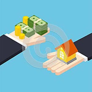 Isometric hands hold money and small house.