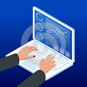 Isometric hands on the laptop keyboard. Businesswoman work chart schedule, planning financial report data methodology.