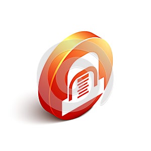 Isometric Hangar with servers icon isolated on white background. Server, Data, Web Hosting. Orange circle button. Vector