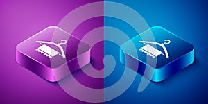 Isometric Hanger wardrobe icon isolated on blue and purple background. Clean towel sign. Cloakroom icon. Clothes service