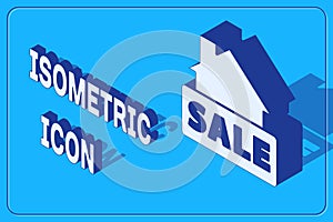 Isometric Hanging sign with text Sale icon isolated on blue background. Signboard with text Sale. Vector