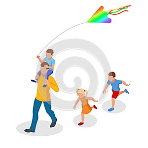 Isometric happy family father and child daughter launch a kite on nature. Outdoor, playing with wind toy on weekend