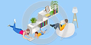 Isometric Happy family reading books at home. Read more books concept.