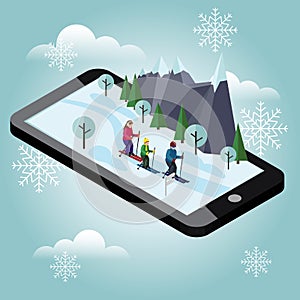 Isometric happy family skiing. Mobile navigation. Videos and photos keeped in phone memory. Cross country skiing, winter