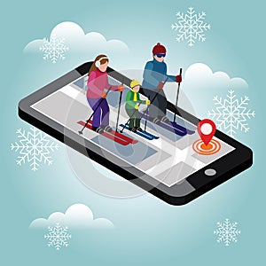 Isometric happy family skiing. Searching for cross country skiing in city. Winter sport. Mobile navigation. Olimpic