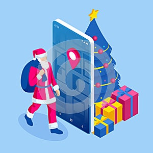 Isometric happy Santa Claus with a sack full of colorful boxed gifts. Delivery Service man in Holiday clothes. Christmas