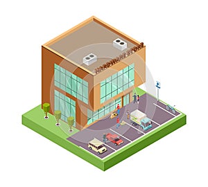 Isometric hardware store. Location with 3D building people parking cars. Hardware store vector illustration