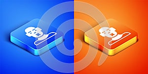 Isometric Head of deaf and dumb guy icon isolated on blue and orange background. Dumbness sign. Disability concept