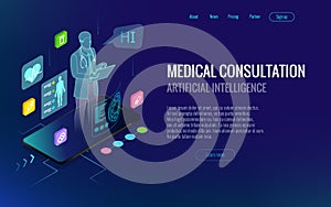 Isometric healthcare, diagnostics and online medical consultation app on smartphone. Digital health concept with a