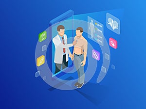 Isometric healthcare, diagnostics and online medical consultation app on smartphone. Digital health concept with a