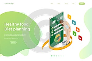 Isometric Healthy food and Diet planning concept. Healthy eating, personal diet or nutrition plan from dieting expert