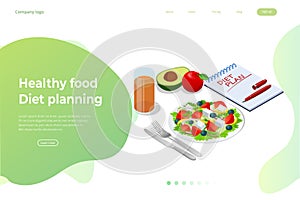 Isometric Healthy food and Diet planning concept. Healthy eating, personal diet or nutrition plan from dieting expert