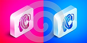 Isometric Hearing aid icon isolated on pink and blue background. Hearing and ear. Silver square button. Vector